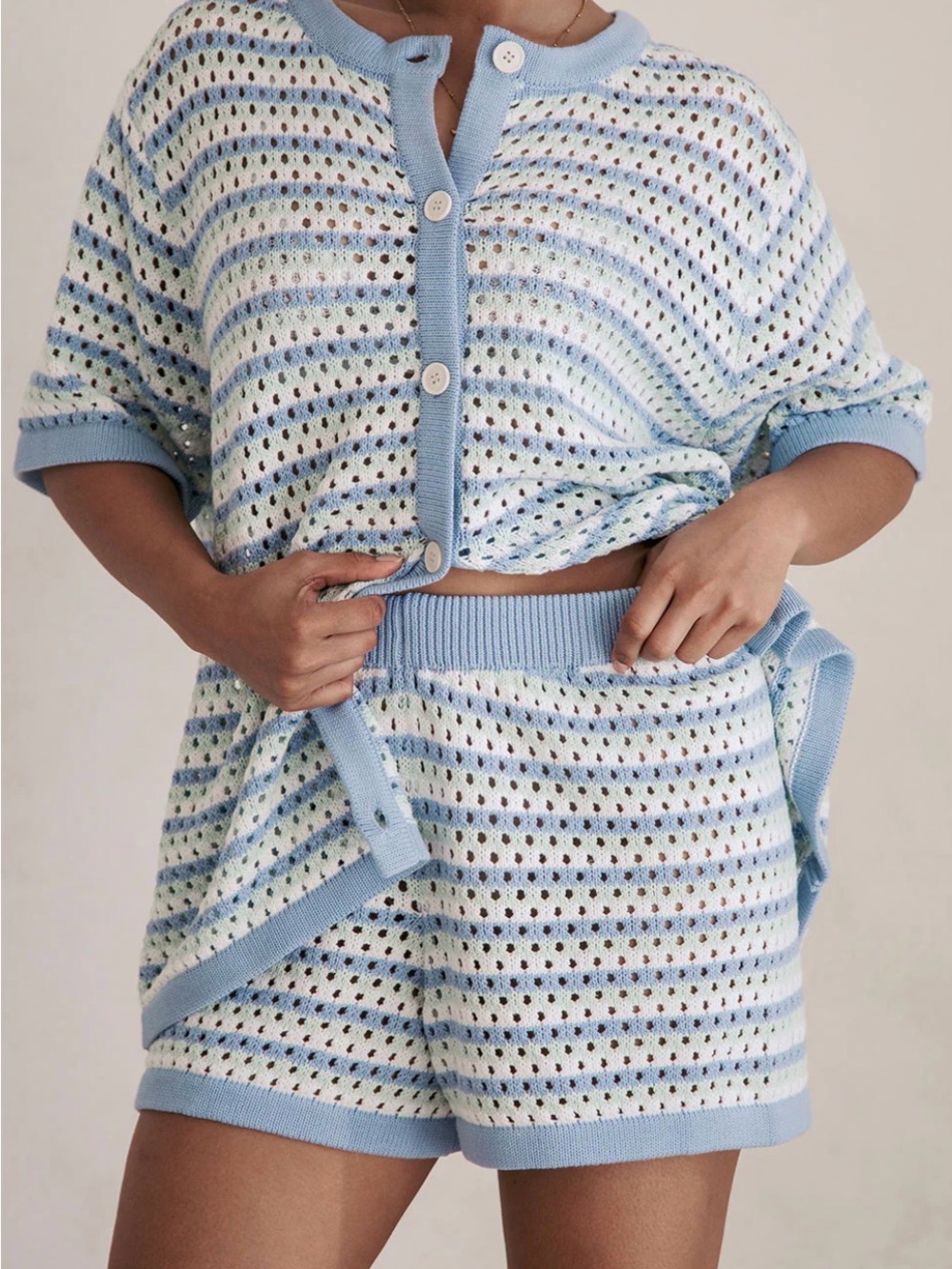 Light Blue Striped Crochet Knit Button Cardigan Set